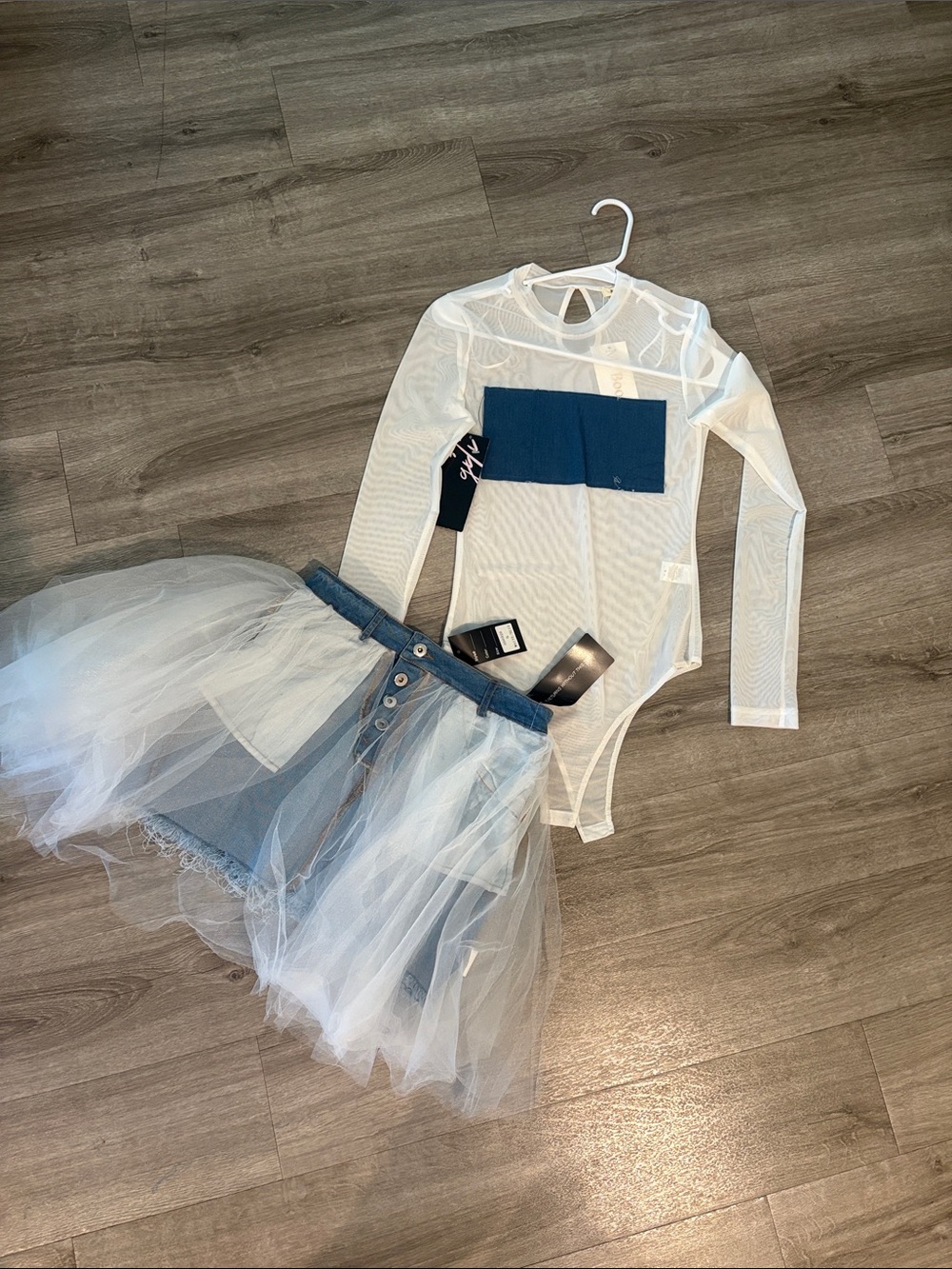 Sheer White Mesh Long Sleeve Bodysuit with Navy Panel